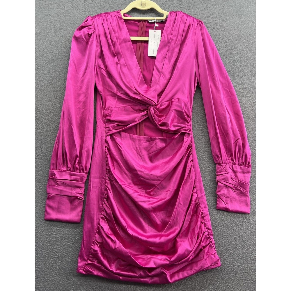 Glamaker Dress Womens Small Bodycon Mini Pink Ruched Long Sleeve Cut Out Zip